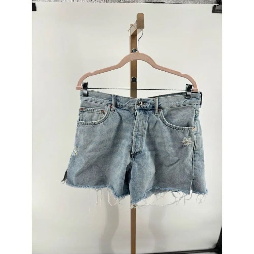 Mango MNG Andy Distressed Denim Shorts Button Fly Raw Hem Size 10